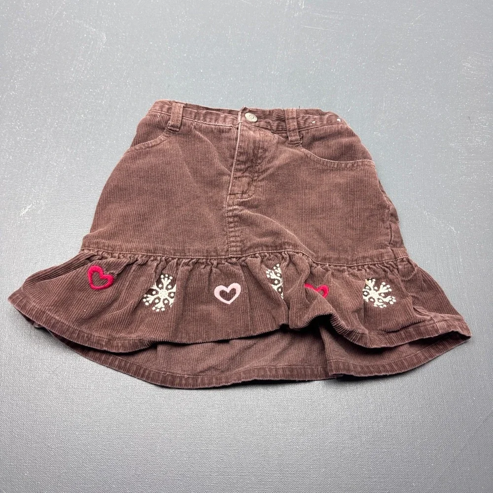 Gymboree Girls Size 7 Brown Corduroy Skort Embroidered Hearts Ruffle Hem Cotton